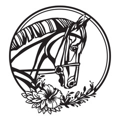 Profile of horse with flowers in round frame vector illustration