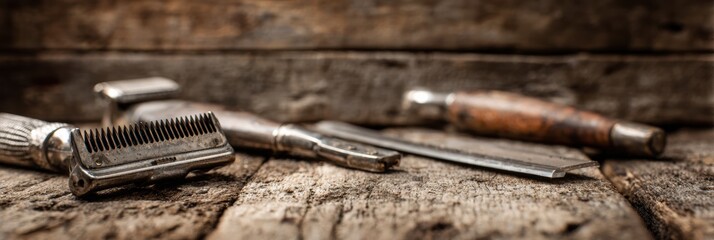 Barbershop Tools Displayed on Rustic Wood With Clipper and Razor Showcasing Craftsmanship and Tradition of Barbering