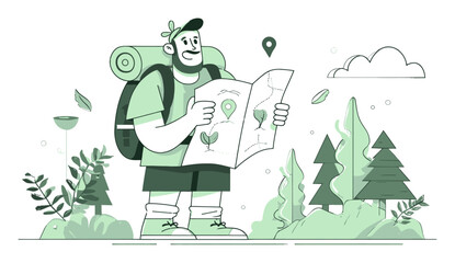 Cartoon Illustration of a Hiker Examining a Map in Nature Scene