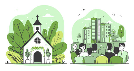 Cartoon Illustration of Church and Cityscape with Community Gathering