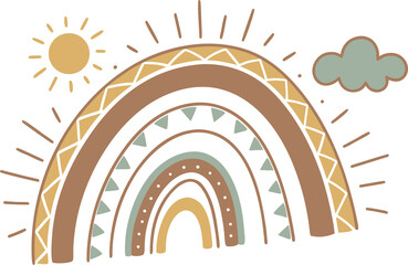 Obraz premium Illustration of boho rainbow with sun and cloud isolated on white background