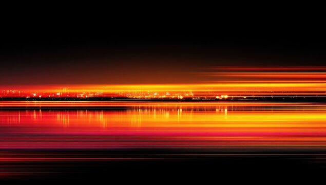 Night city skyline reflected in water with streaks of light