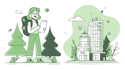 Cartoon Illustration of a Hiker with a Cityscape in a Green Color Palette