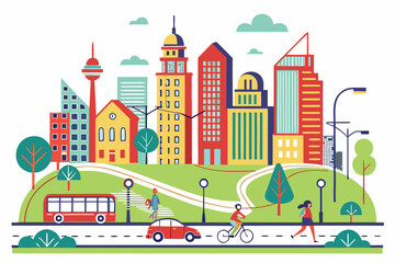 Illustration of colorful urban landscape with buildings and park isolated on white background