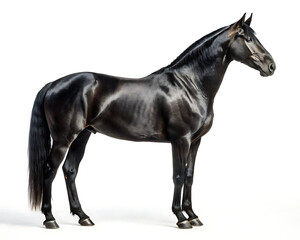 A full body shot of a shiny black horse standing in a studio with a plain white background behind it