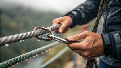 Close-up of Adventurer Securing Carabiner on Climbing Rope in Rain