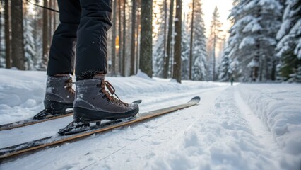 Winter Adventure with Skiing Boots on Snowy Trail in Forest