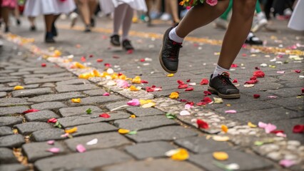 Colorful Petals on Cobblestone Street During Festive Celebration