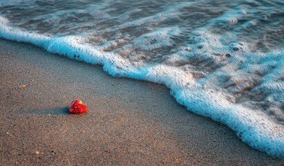 Red heart on sandy beach, ocean waves