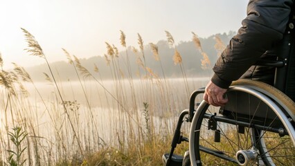 Serene Morning Landscape with Wheelchair by Calm Water and Reeds