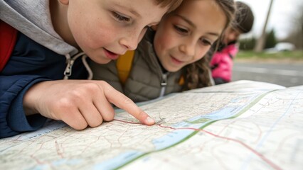 Children Exploring Map Together During Outdoor Adventure Activity