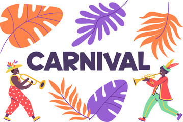 Obraz premium Illustration of carnival celebration with musicians and tropical leaves isolated on white background
