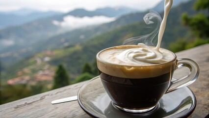 Creamy Coffee with Swirling Milk on Scenic Mountain View