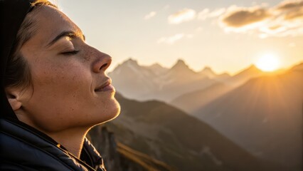 Serene Woman Enjoying Sunset View at Mountain Peak