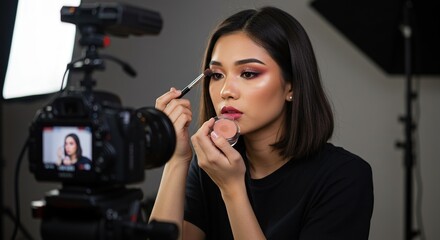 Beauty influencer makeup tutorial for social media vlog with camera and studio lighting setup online course