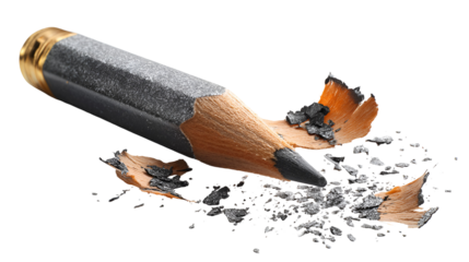 Sharpened dark pencil with wood shavings on black background