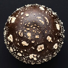Top Down View of a Brown Mushroom Cap with White Spots on a Black Background
