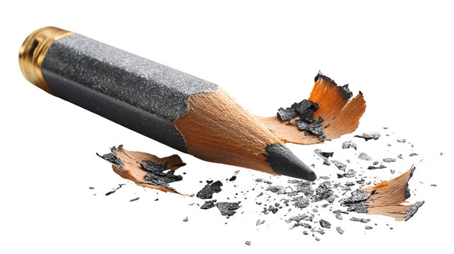 Sharpened dark pencil with wood shavings on black background