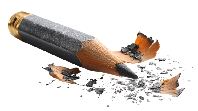 Sharpened dark pencil with wood shavings on black background