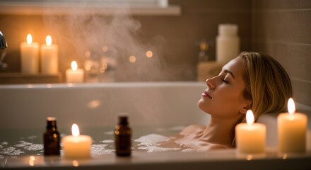 Woman relaxing in bathtub with candles enjoying aromatherapy and self care spa day at home for wellness