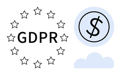 Circular GDPR text surrounded by stars, dollar coin symbol, and cloud graphic. Ideal for data privacy, compliance, finance, cloud storage, digital security policy ethical data handling. Simple flat