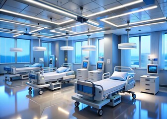 Modern hospital room with advanced medical equipment and beds
