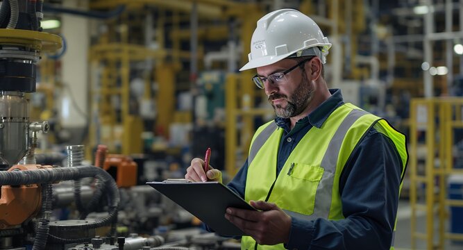 Focused Factory Worker Taking Notes on a Clipboard