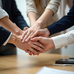 Business team putting their hands together in a gesture of unity, teamwork, and successful collaboration.
