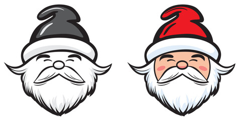 Santa Claus Face icon. Santa Claus head cartoon character. Happy Christmas vector black and white, colored illustration. Santa Claus portrait stencil colorless black and white outline. Santa clipart