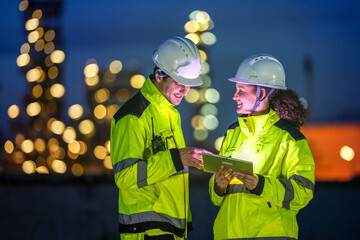 Fototapeta premium Two engineers in reflective safety gear review plans on a tablet during a night shift at an industrial site, with blurred factory lights glowing in the background.