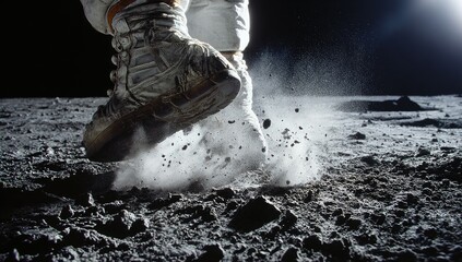 Astronaut's first step on the moon.  Lunar dust