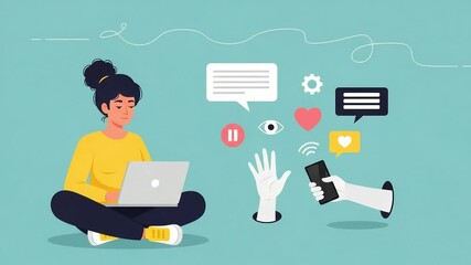 Young woman sitting crosslegged with a laptop, surrounded by digital icons representing social media, communication, and online interaction - Powered by Adobe