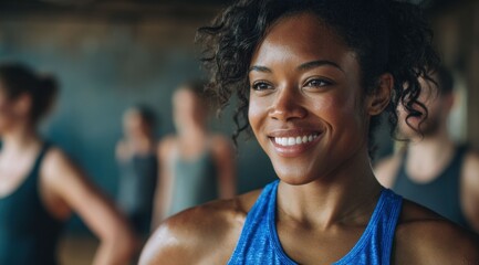 A confident woman leads her treadmill routine with a joyful expression, while a diverse group in the gym exercises together, showcasing teamwork and mutual support.