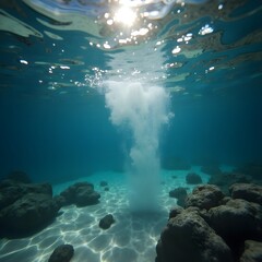 Obraz premium Tropical sea and sky meet in a clear underwater scene with sun rays illuminating a vibrant coral reef and marine life