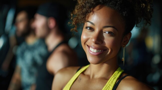 A confident woman leads her treadmill routine with a joyful expression, while a diverse group in the gym exercises together, showcasing teamwork and mutual support.