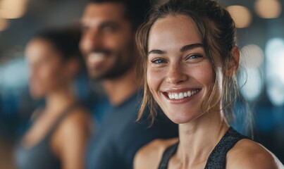 Fototapeta premium A confident woman leads her treadmill routine with a joyful expression, while a diverse group in the gym exercises together, showcasing teamwork and mutual support.