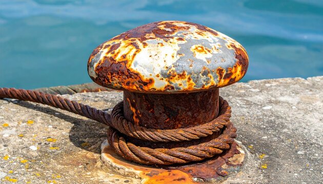 Rusty Mooring Bollard with Rope at Dock Against Blue Sea Water on Bright Sunny Day - Powered by Adobe