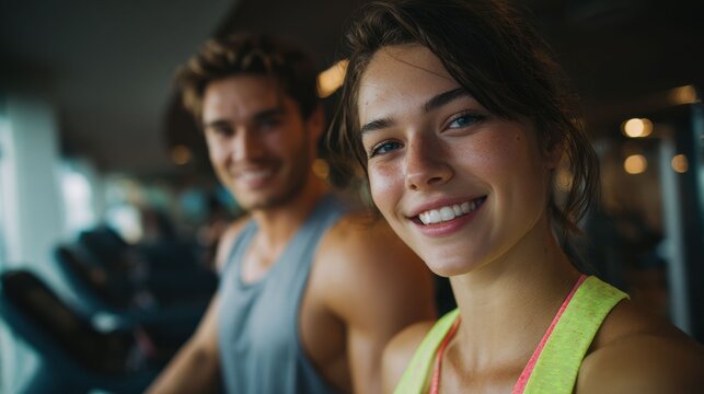 A confident woman leads her treadmill routine with a joyful expression, while a diverse group in the gym exercises together, showcasing teamwork and mutual support.