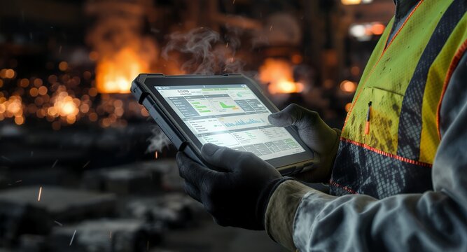 Industrial Worker Consults Data Tablet in a Manufacturing Setting - Powered by Adobe