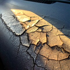 Closeup of Cracked Black Dashboard with Sunlight Creating Abstract Patterns