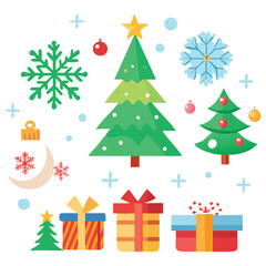 Delightful Cartoon Christmas Illustration with Trees, Snowflakes, and Presents