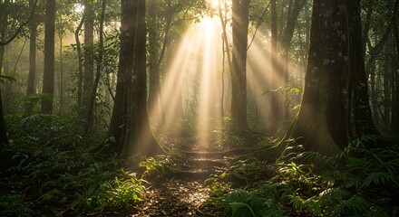 Obraz premium Sunbeams Illuminate Misty Forest Path