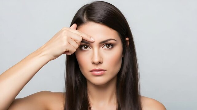 Young woman touching her forehead, concerned about a skin blemish or pimple, highlighting skincare and beauty concerns