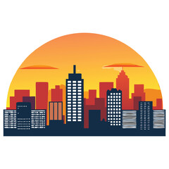 Obraz premium Stylized skyline of a modern city with sunset in the background