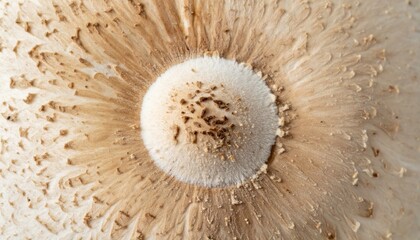 Detailed Macro View of a Circular Patterned Mushroom Cap with Brown and White Hues