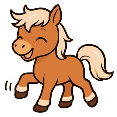 Joyful pony cartoon prances happily with soft smile