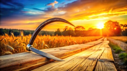 Bokeh Sickle Landscape Photography: Flat Lay Wooden Texture, Clean Clinical Wide Angle Image