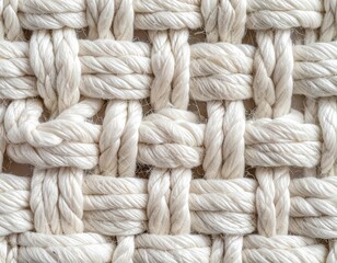 Detailed Close up of Knitted White Rope Interwoven Pattern with Rough Texture on a White Background