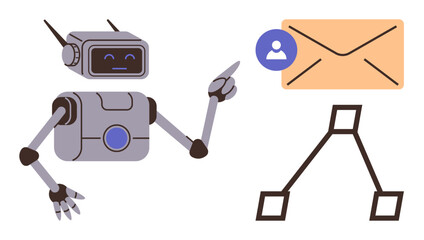 Robot pointing at mail envelope with user profile and connection lines, symbolizing AI, automation, communication, and networking. Ideal for technology, AI, messaging, workflow networking