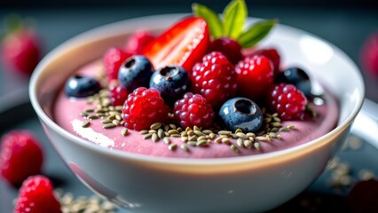 Pink pudding parfait with berries and seeds